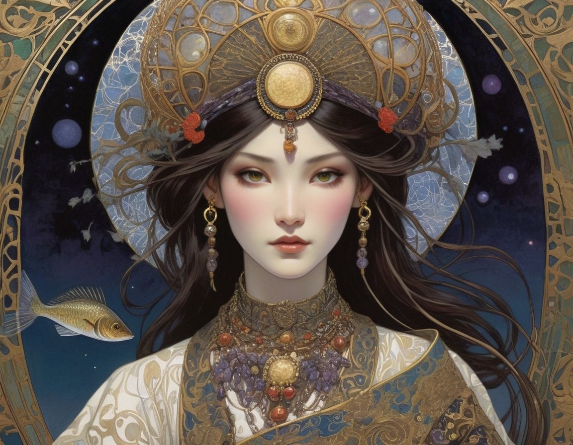 Illustrated portrait of woman with golden headgear in mystical starry setting