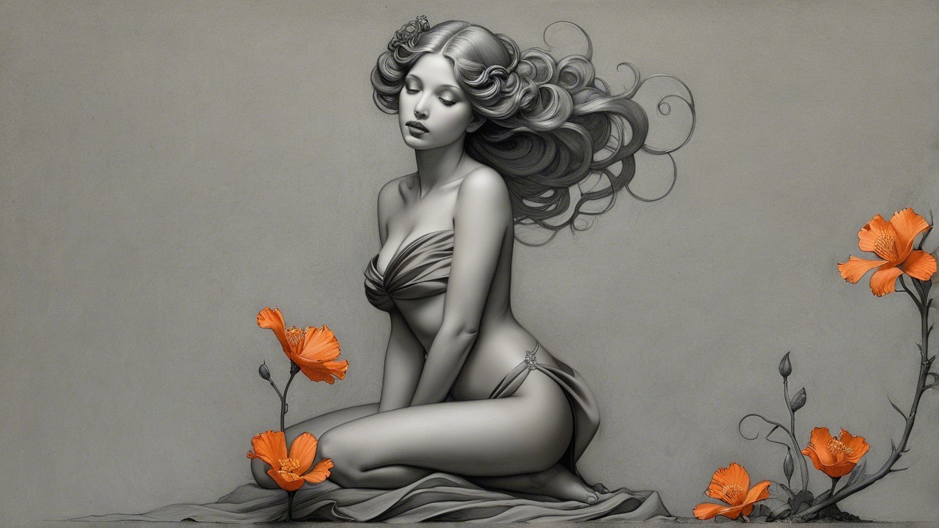 Monochromatic Female Figure Surrounded by Poppies