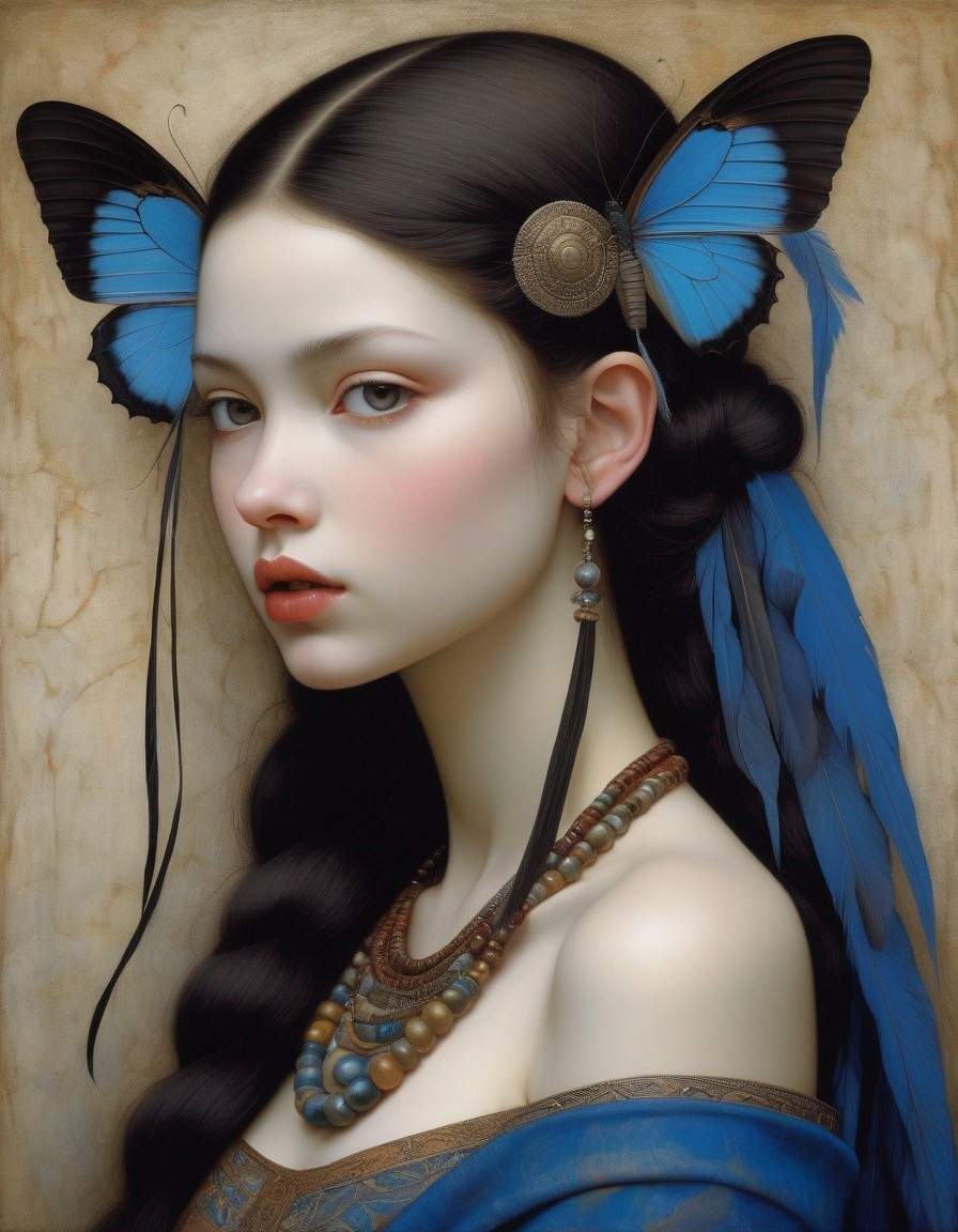 Portrait of young woman with pale skin, black hair, and butterfly wings, wearing ornate jewelry