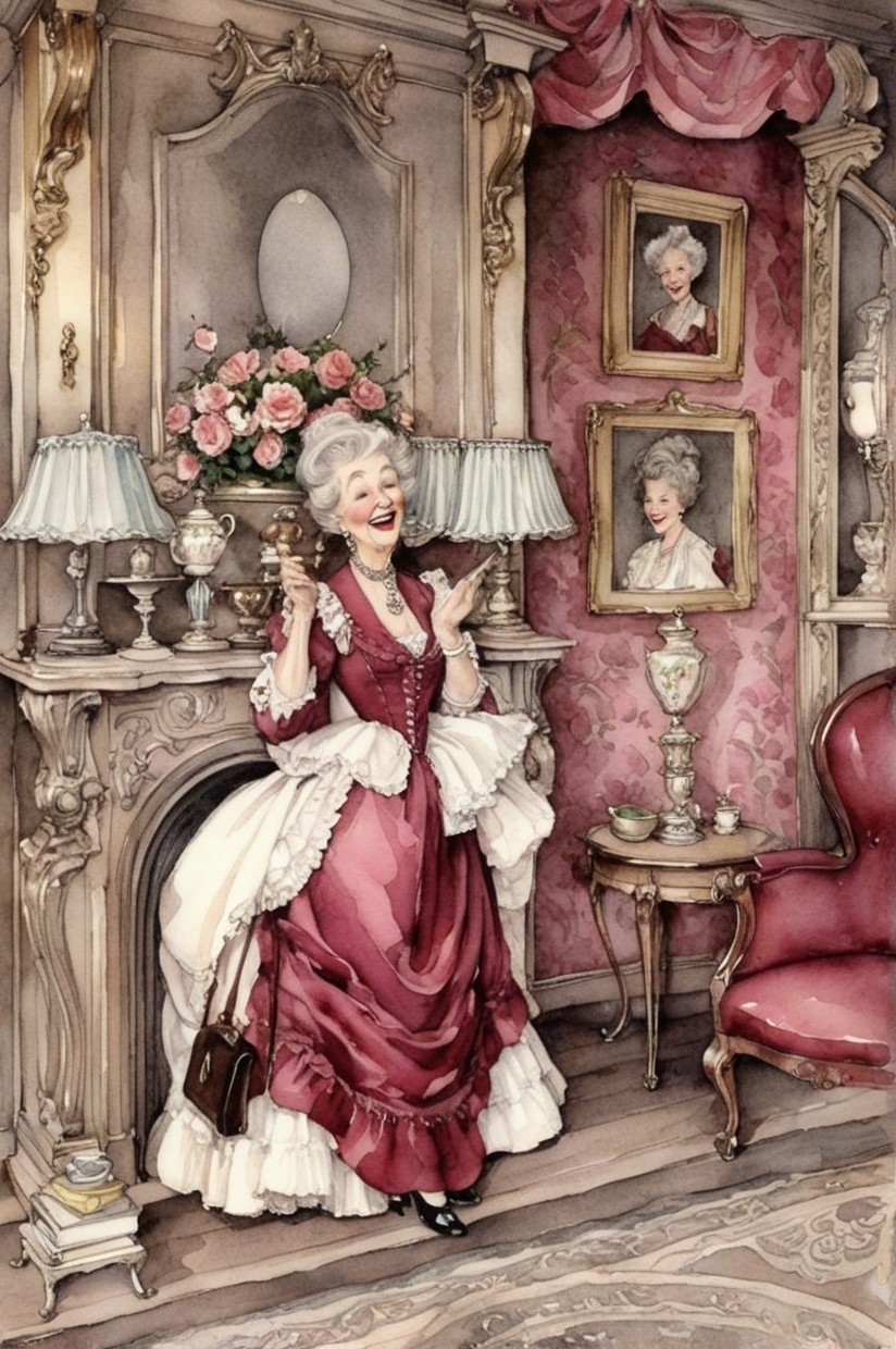 Lively Woman in Burgundy Dress by Ornate Fireplace
