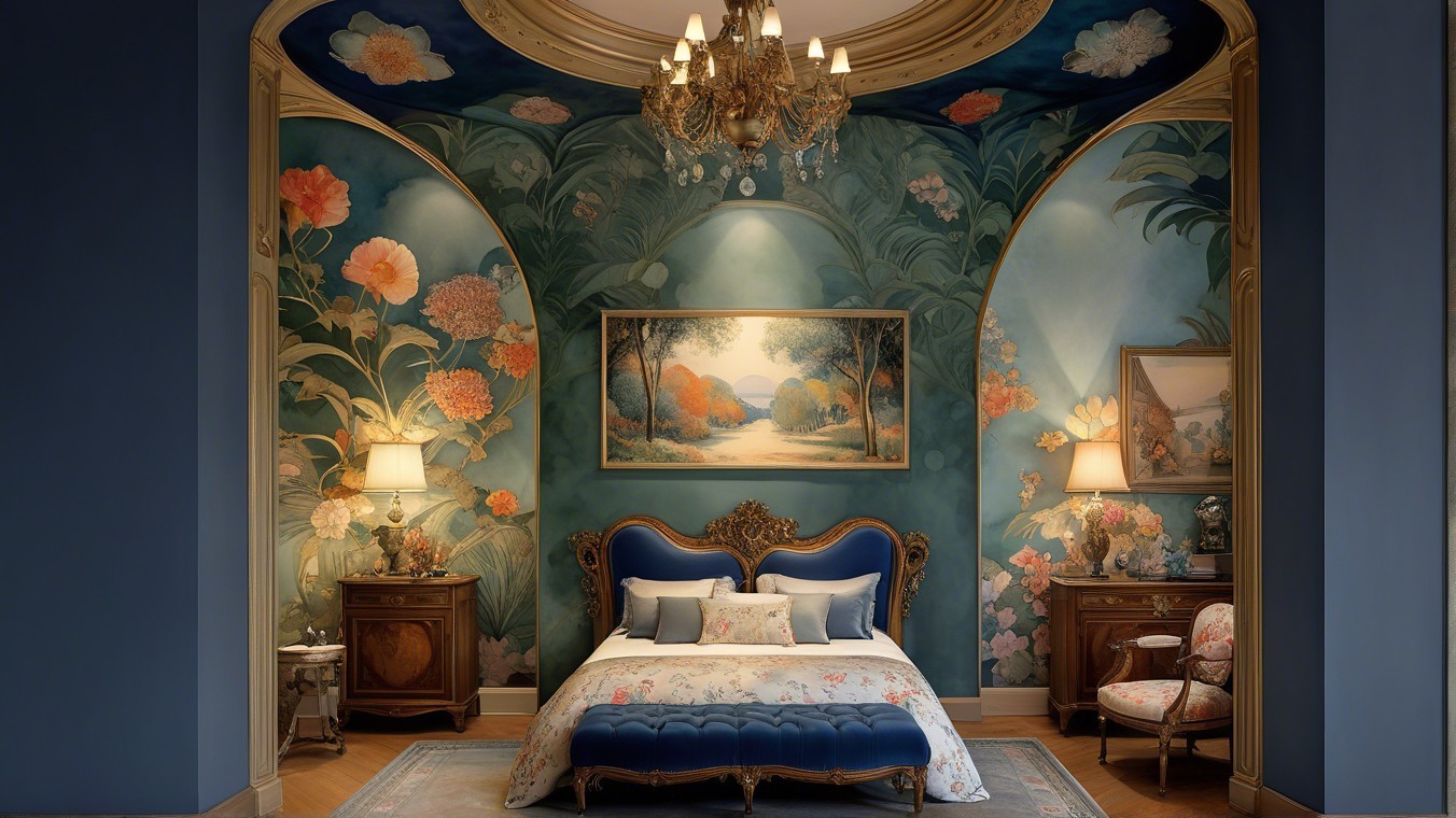 Elegant bedroom with floral mural and luxurious decor