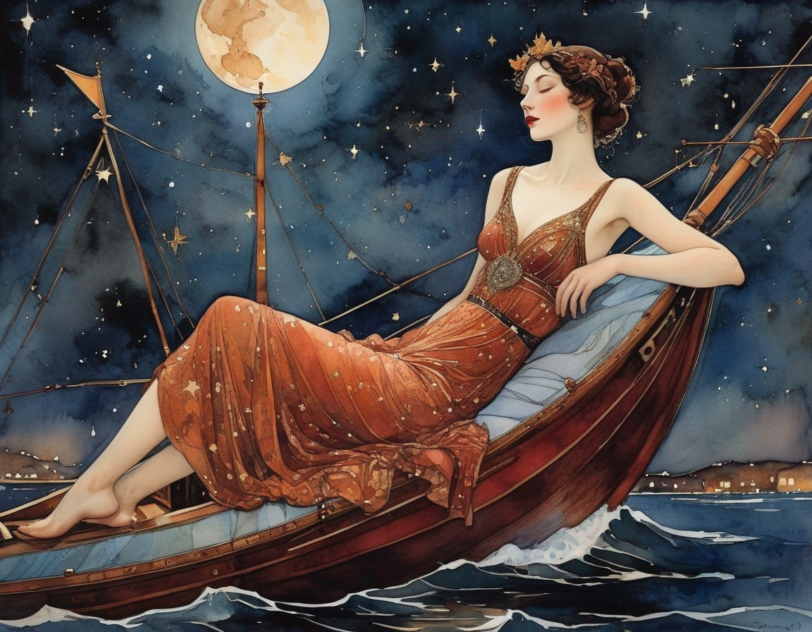 Illustrated woman in orange celestial dress under starry sky with full moon