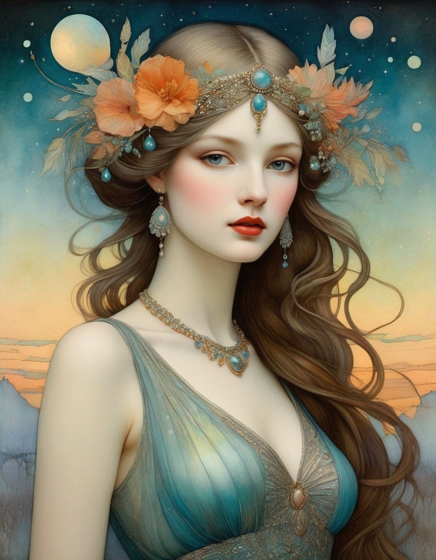 Ethereal woman with floral and jewel accessories in celestial setting