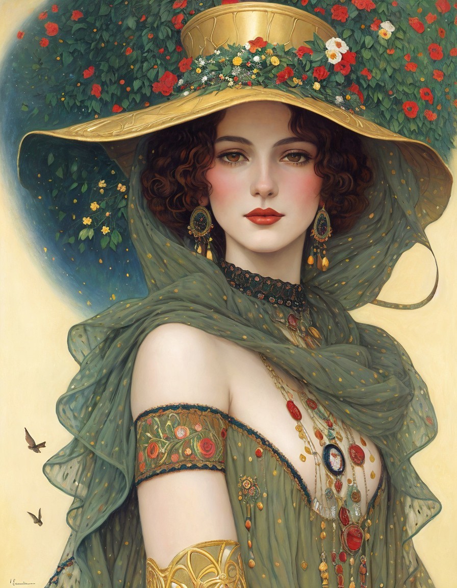 Elegant Woman in Green Gown with Floral Hat and Birds