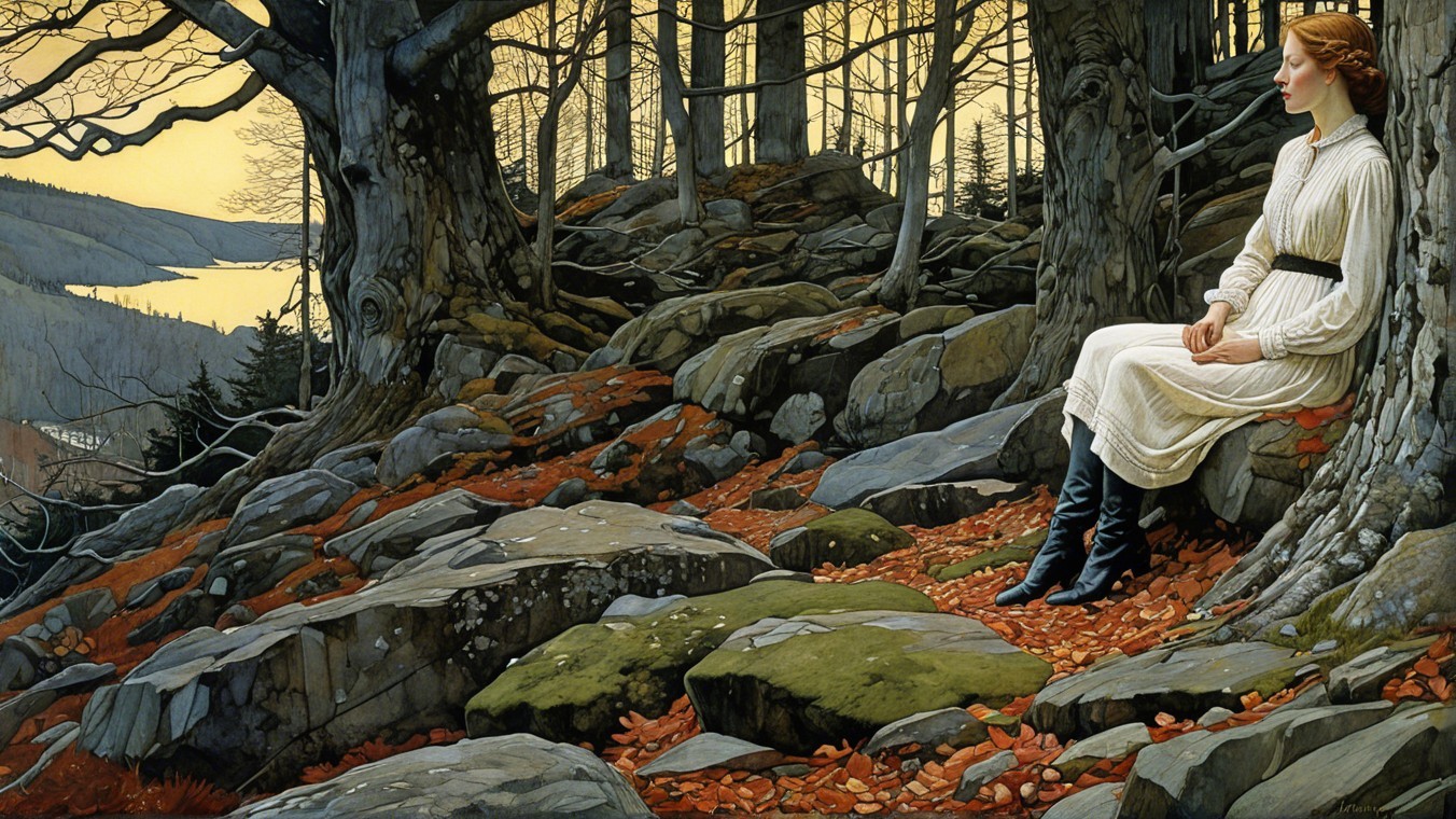 Serene Woman in White Dress Among Rocky Terrain
