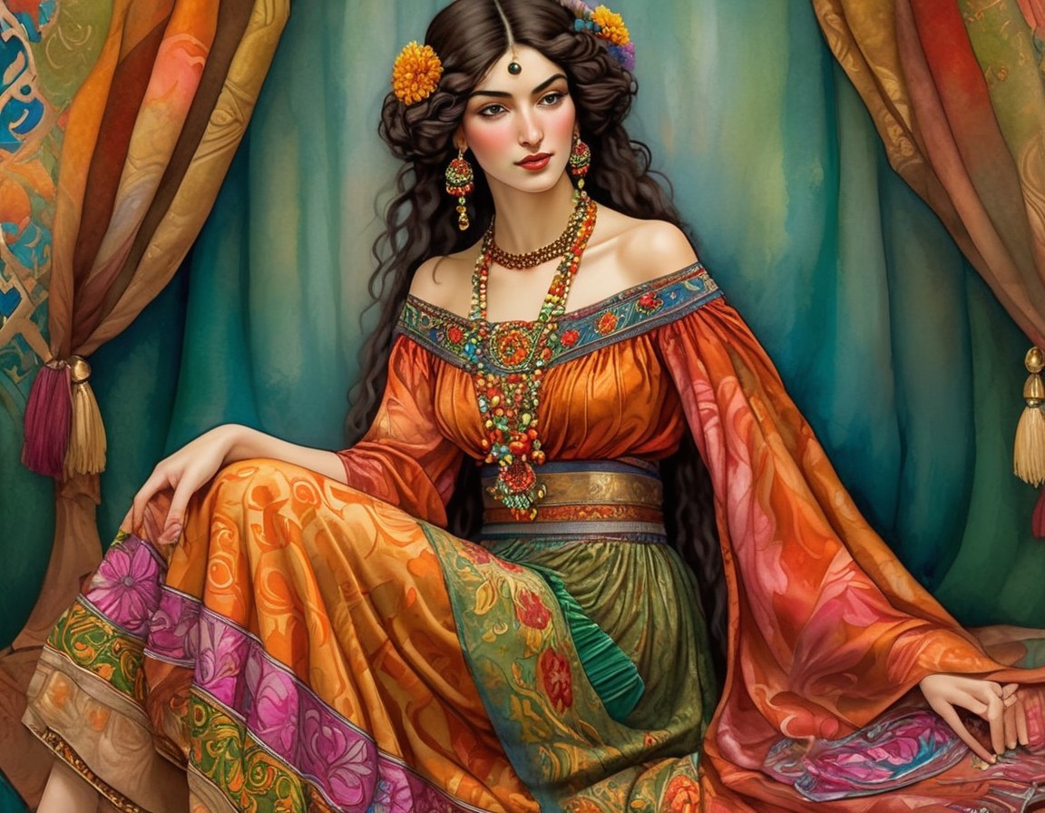 Illustration of a woman in vibrant clothing and fabrics
