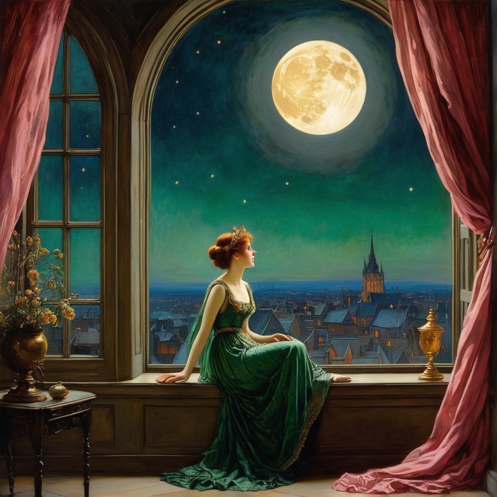 Woman in green dress gazes at full moon over old cityscape from large window.