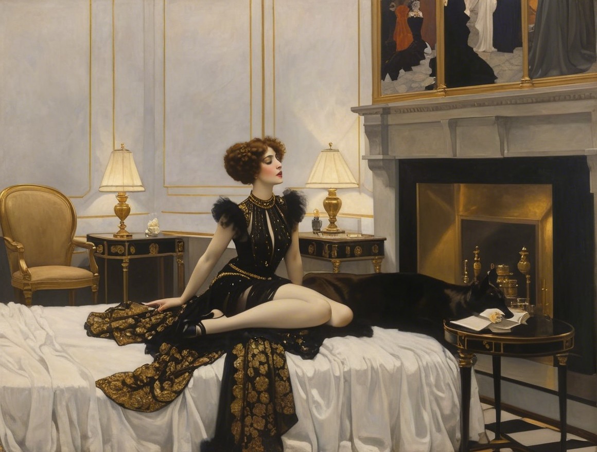 Glamorous Woman in Elegant Black Dress in Lavish Room