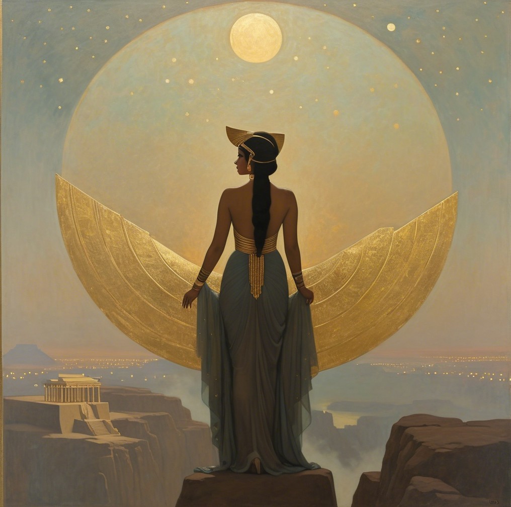 Majestic Woman Overlooking Moonlit Landscape