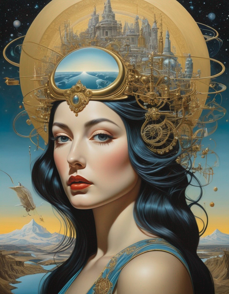 Woman with Black Hair in a Fantastical Cityscape