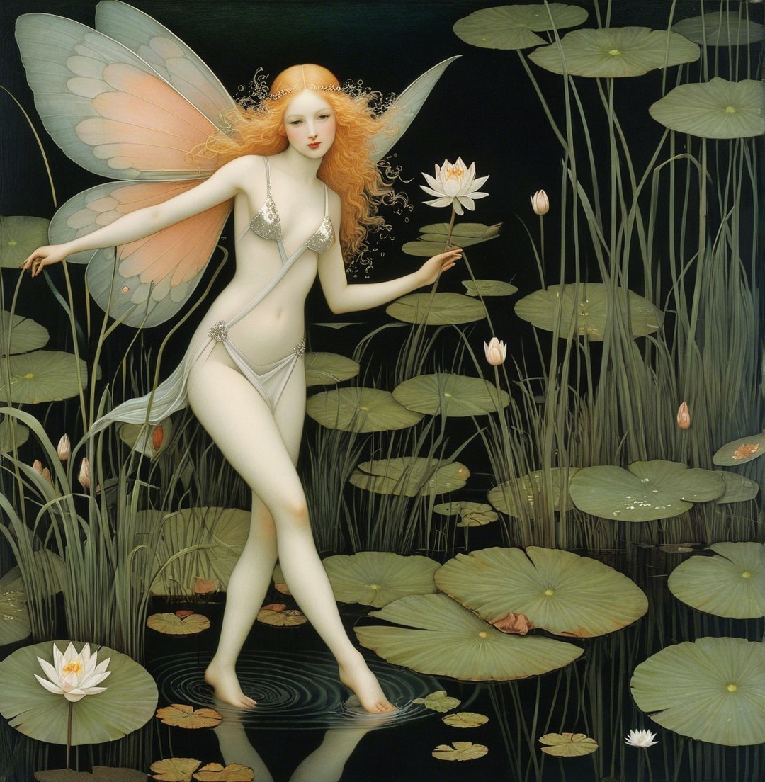 Blonde Fairy by Reflective Pond at Night