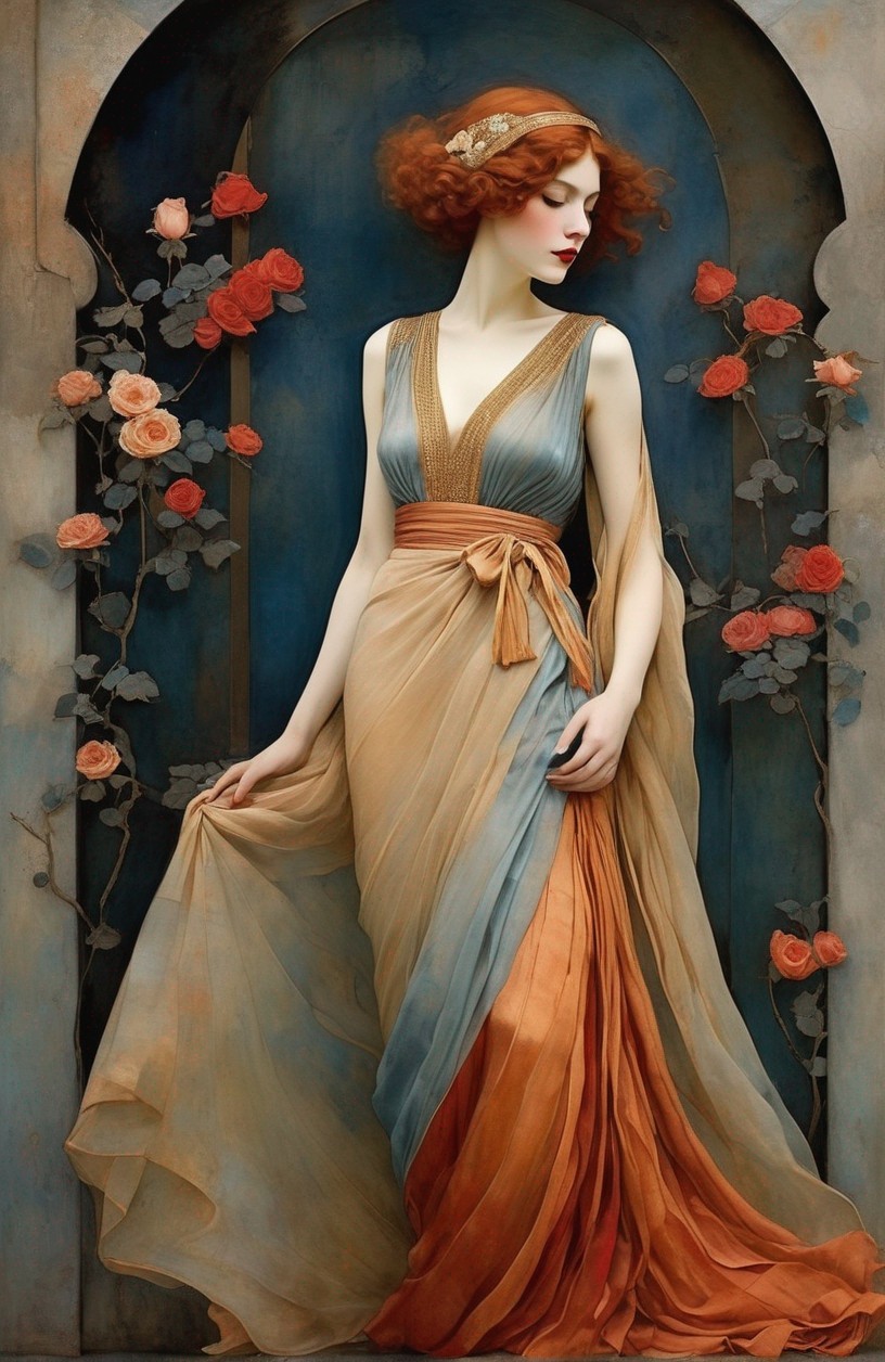 Elegant Woman in Orange and Blue Gown in Alcove