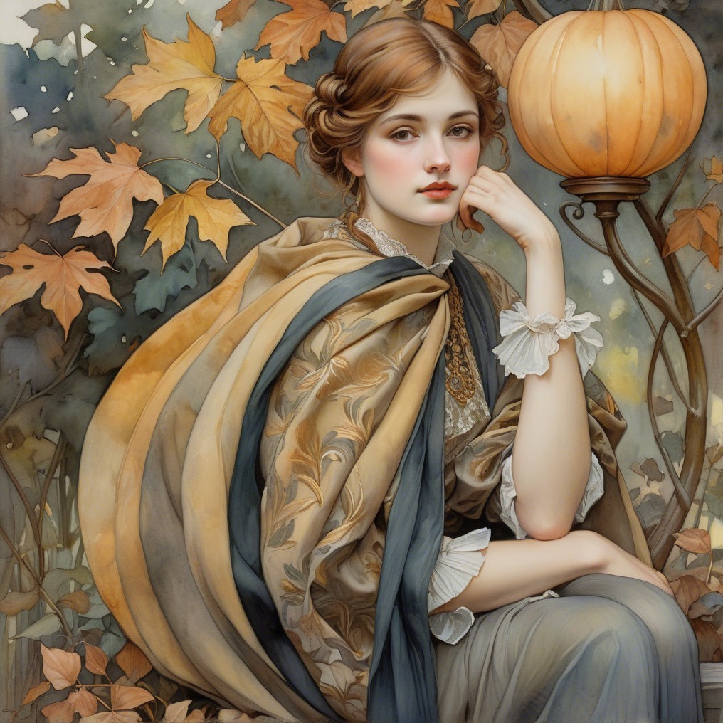 Young woman in autumn hues among soft leaves