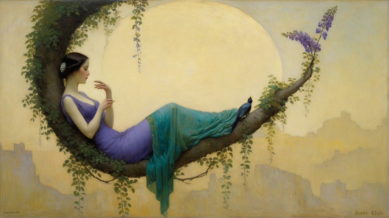 Serene figure in lavender gown on a curved branch