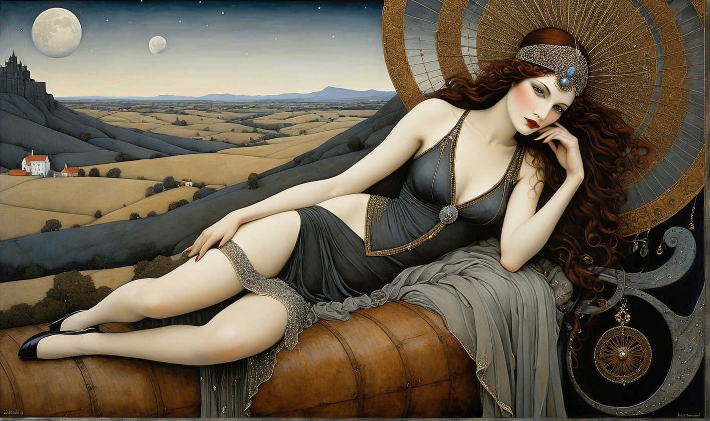 Young Woman in Art Deco Swimsuit Reclining Elegantly