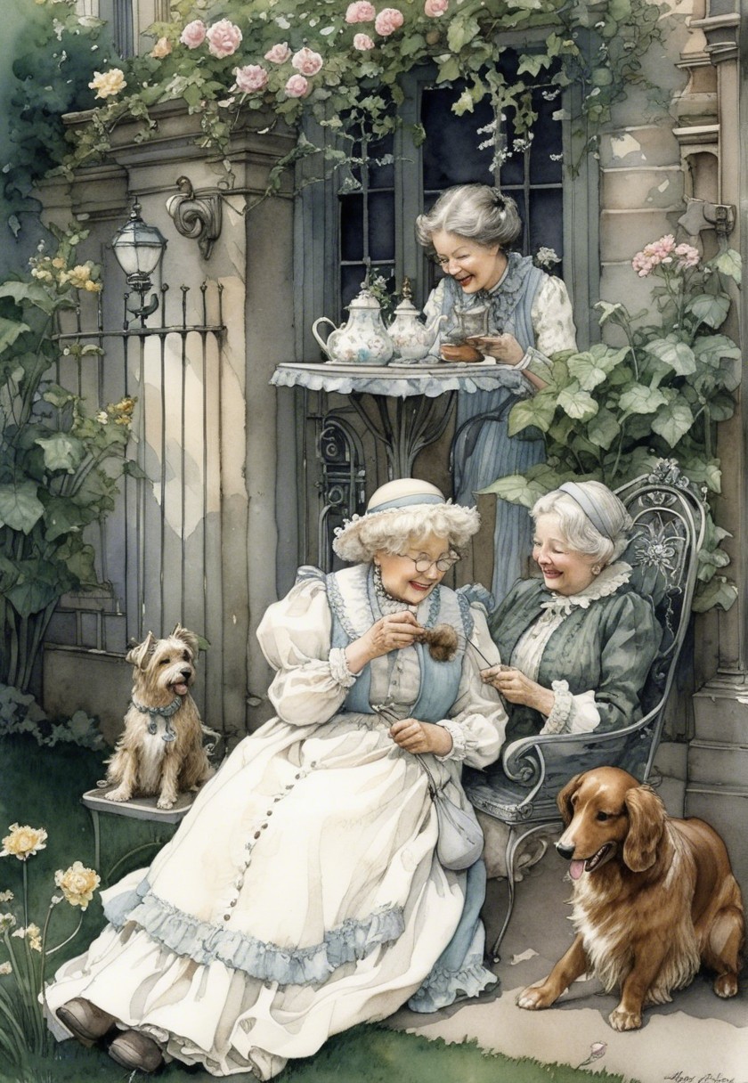 Elderly Women Enjoying Tea in a Garden Setting