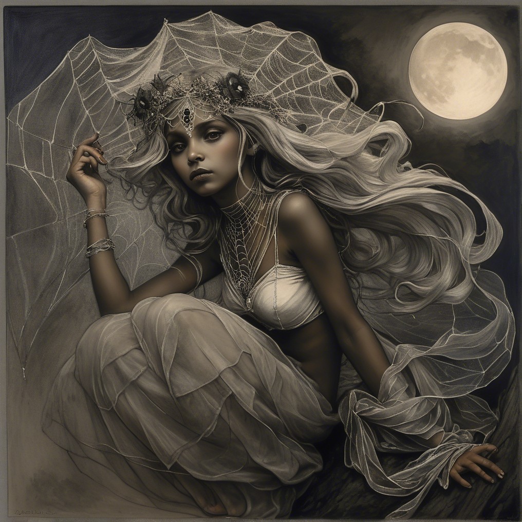 Mystical figure with silver hair under a full moon