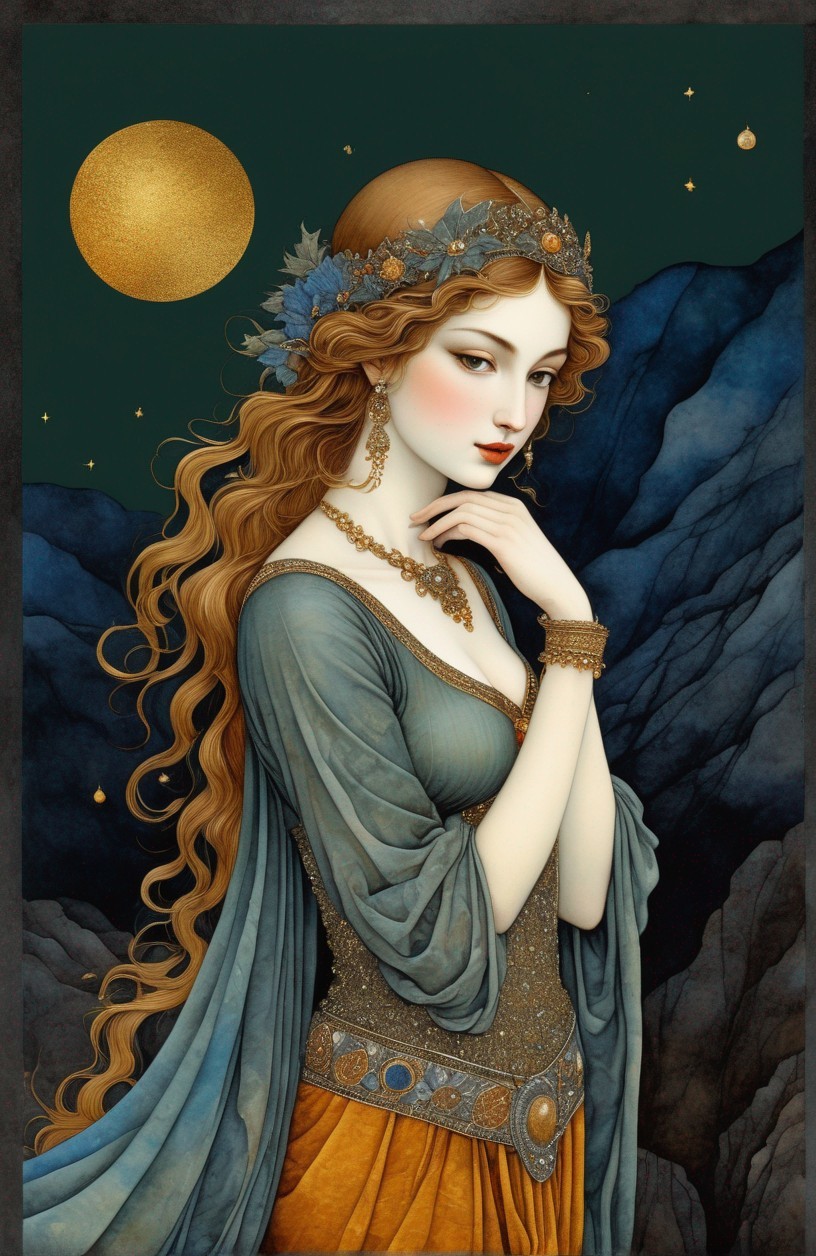 Ethereal Woman in Blue Gown with Floral Headpiece