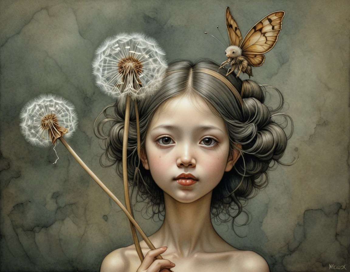 Young girl with dandelions and butterfly in dreamlike scene