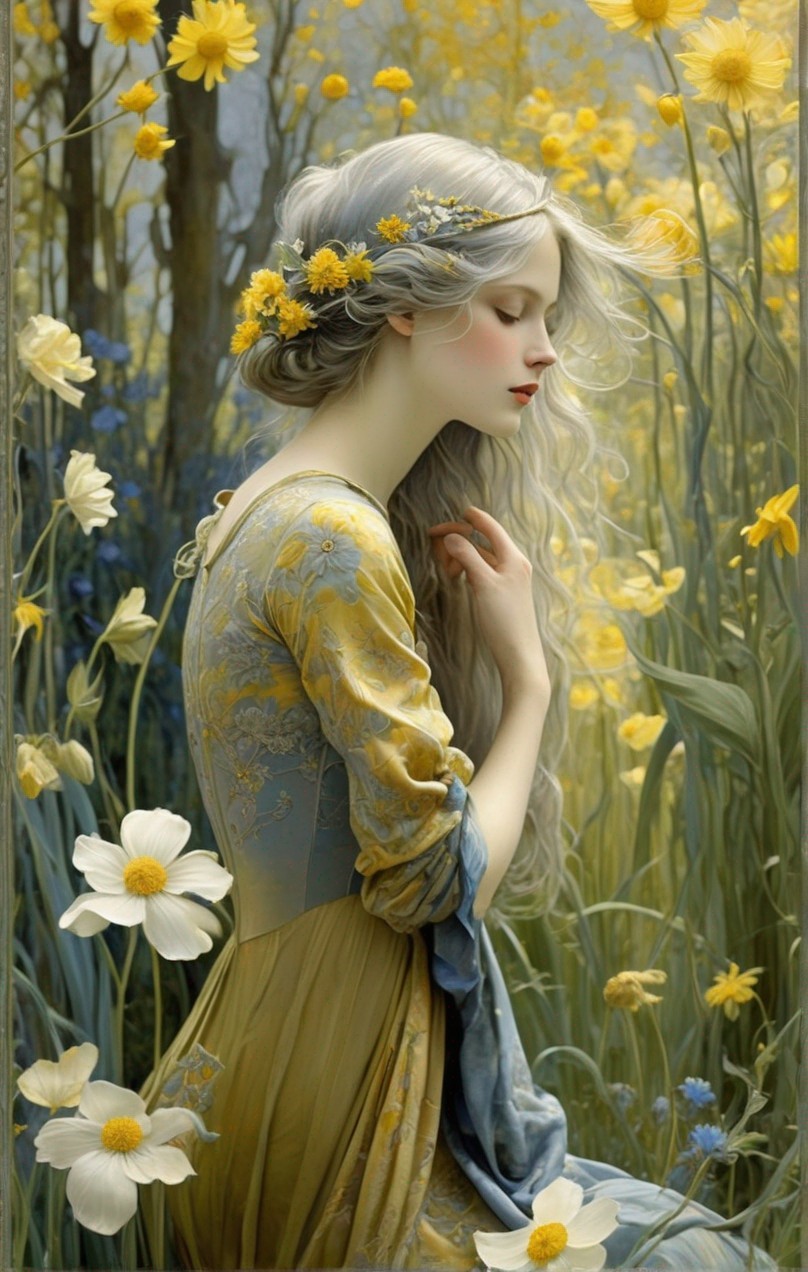 Woman in blue and yellow dress with floral garland in yellow flower field.
