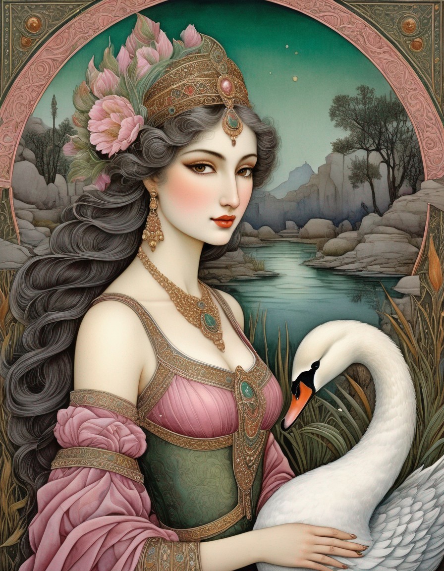 Illustration of a woman by a serene lake with a swan
