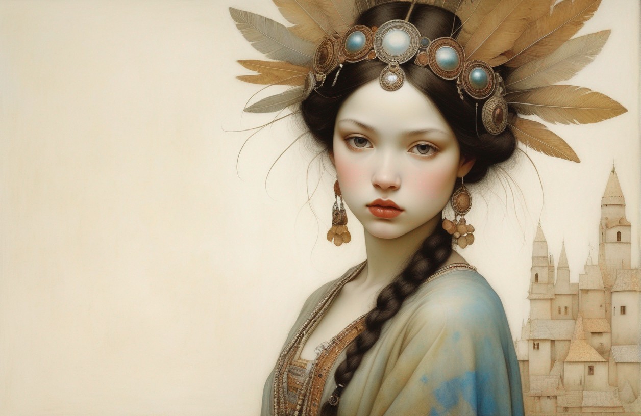 Digital artwork: Woman with decorative headdress, feathers, gems, braided hair, castle background