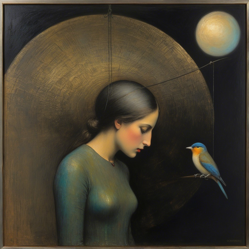 Serene Woman in Profile with Bluebird and Moonlight