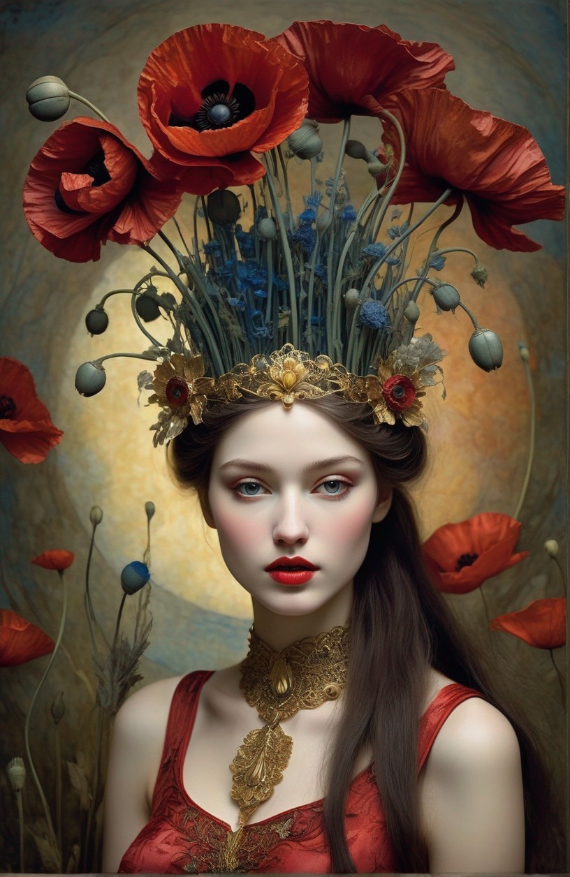 Woman adorned with floral headpiece and gold crown, among red poppies.