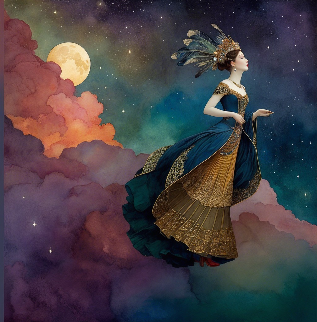 Majestic figure in colorful sky with ornate gown