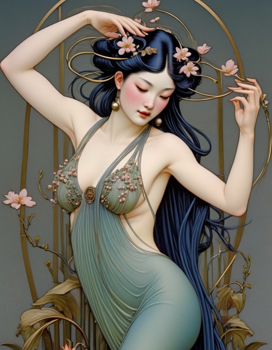Illustrated woman with long blue hair and pink flowers in draped green garment against floral backdrop