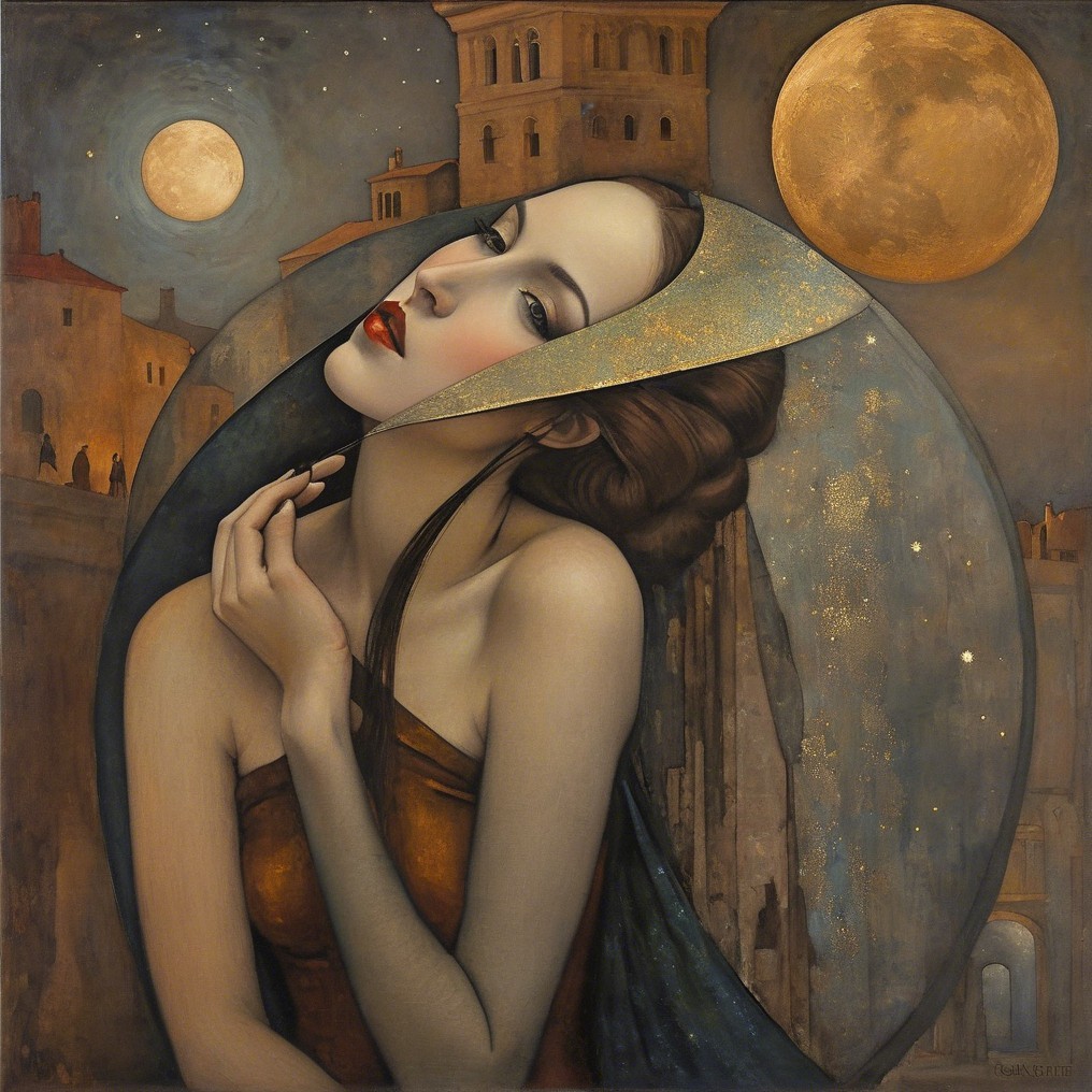 Serene Woman in Twilight with Mystical Architecture