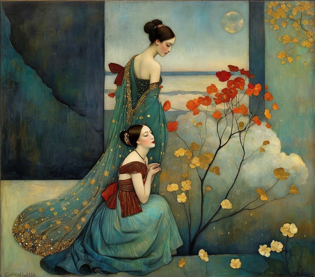 Elegant Women in Flowing Gowns in Serene Landscape