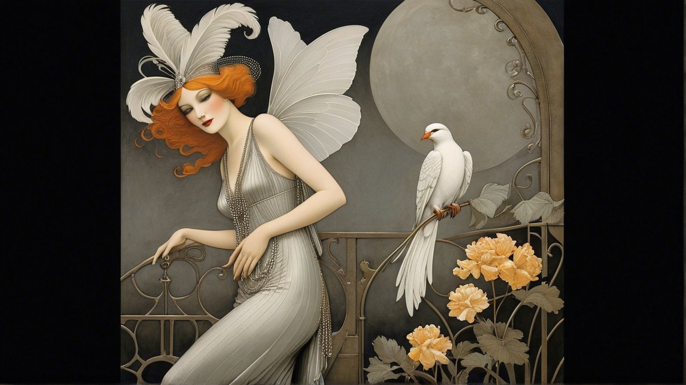 Graceful Woman with Red Hair and Butterfly Wings