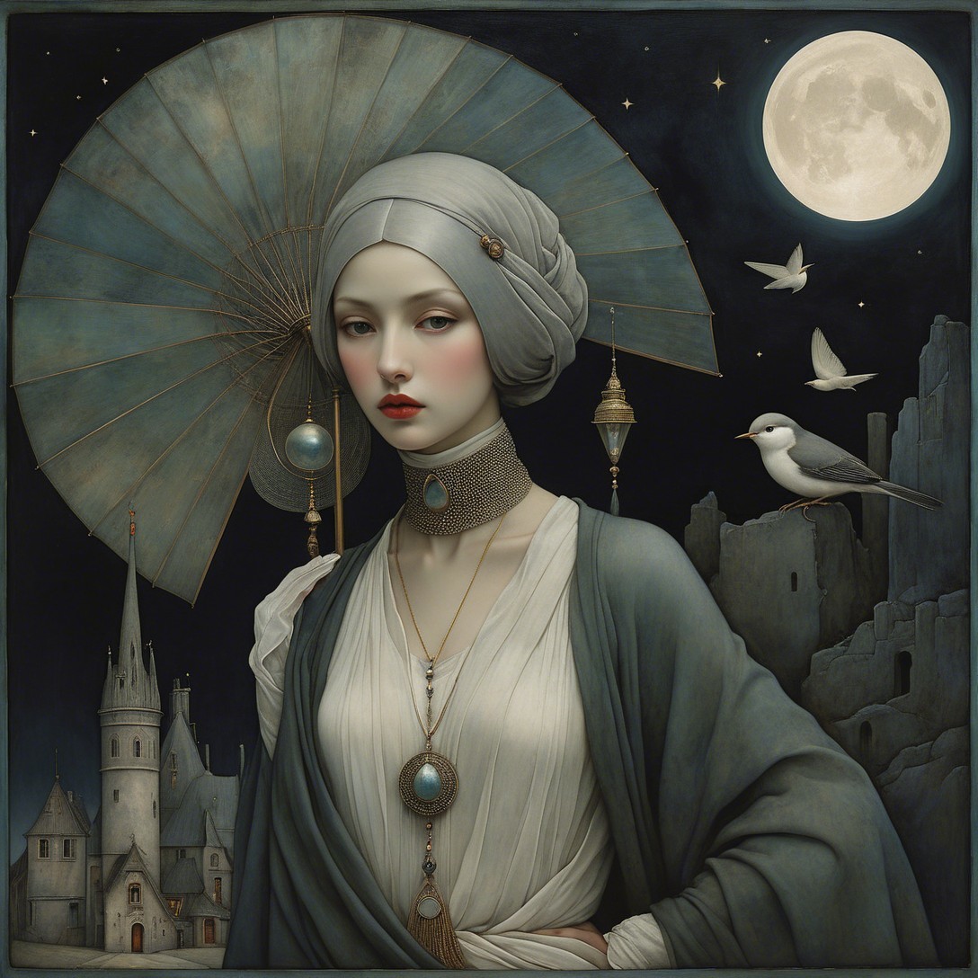 Renaissance-Inspired Painting of a Woman in Moonlight