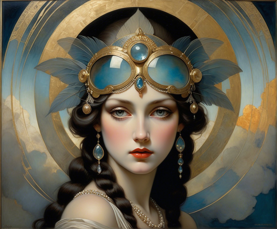 Female figure with ornate headpiece and dreamy backdrop