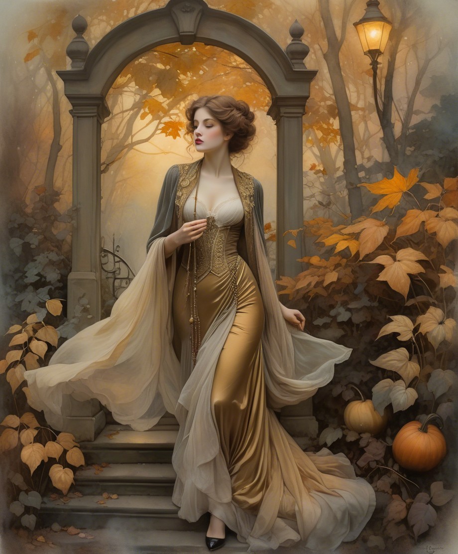 Glamorous Woman in Gold Gown Under Autumn Archway
