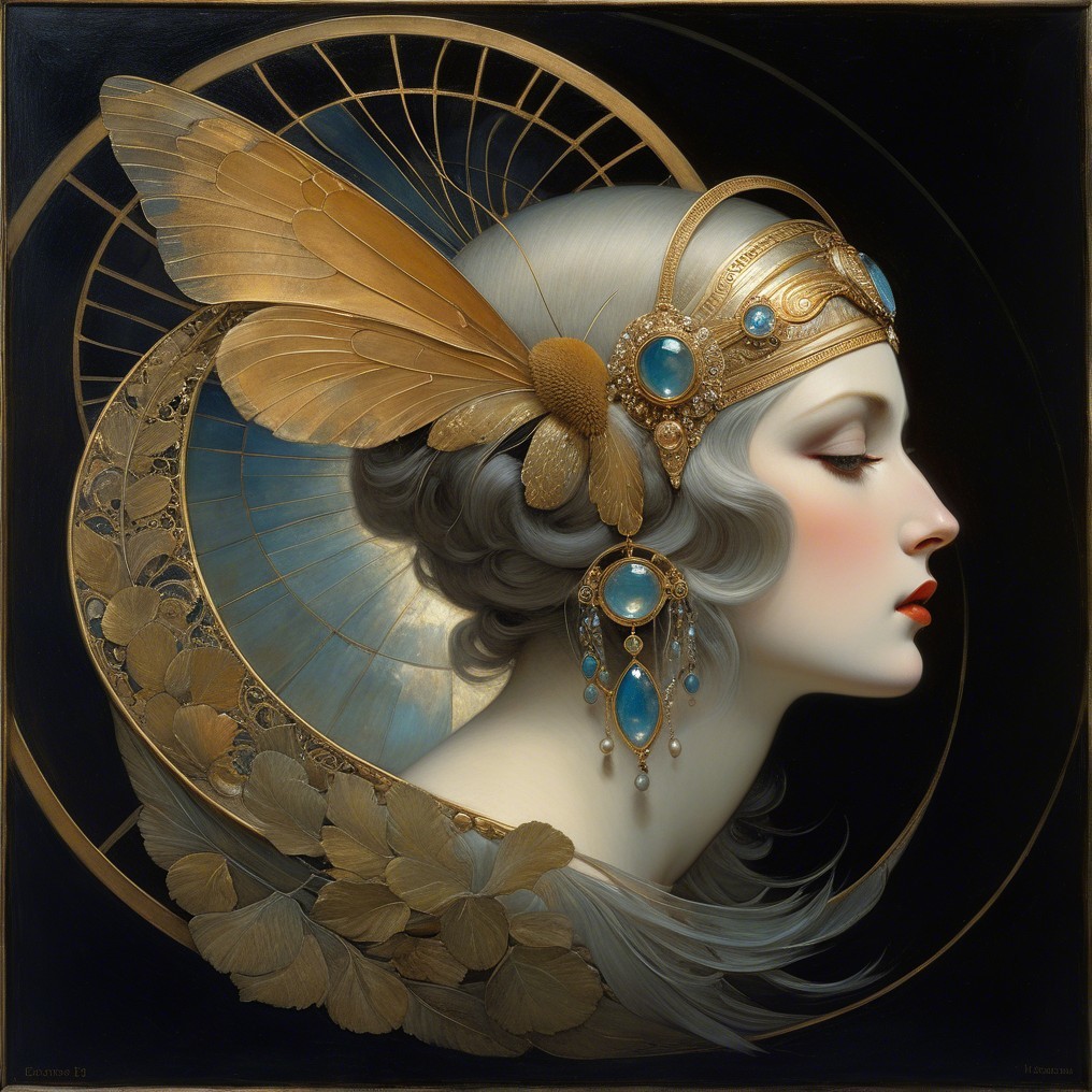 Elegant Woman in Profile with Headdress and Gemstones