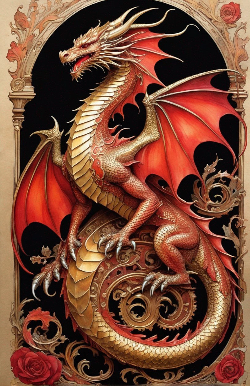 Detailed Dragon Illustration with Red and Gold Scales in Ornate Gothic Archway