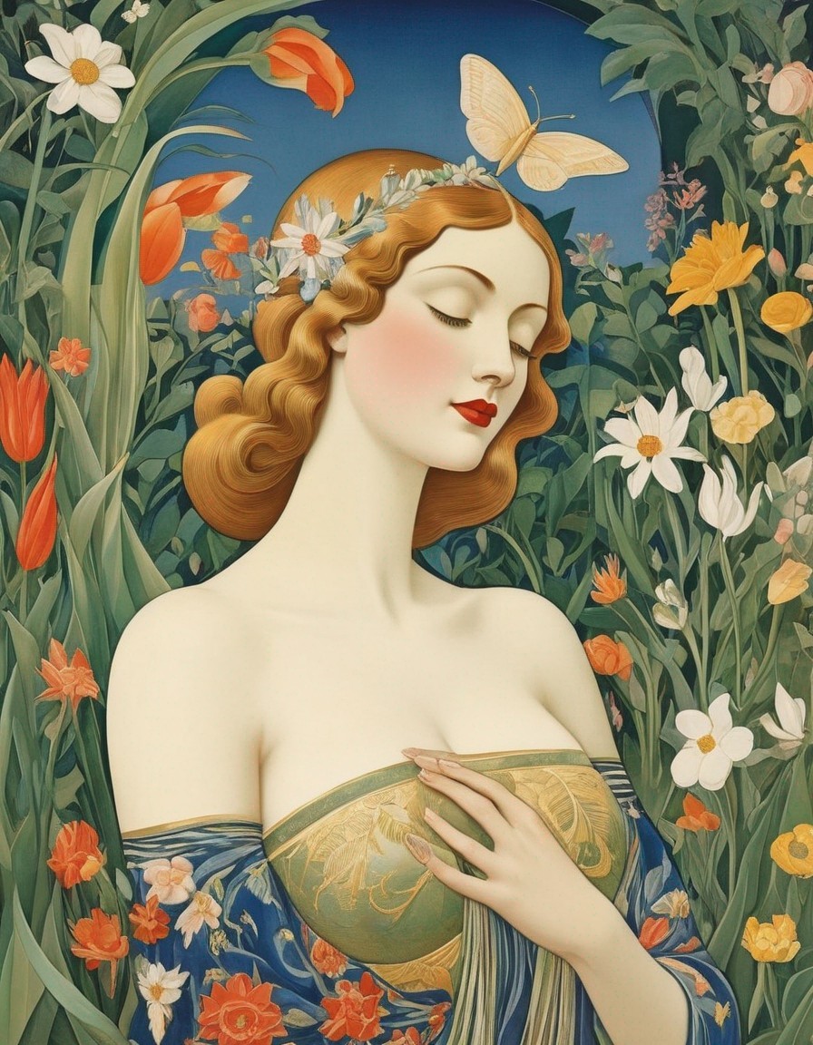 Serene Woman with Floral Crown and Butterflies