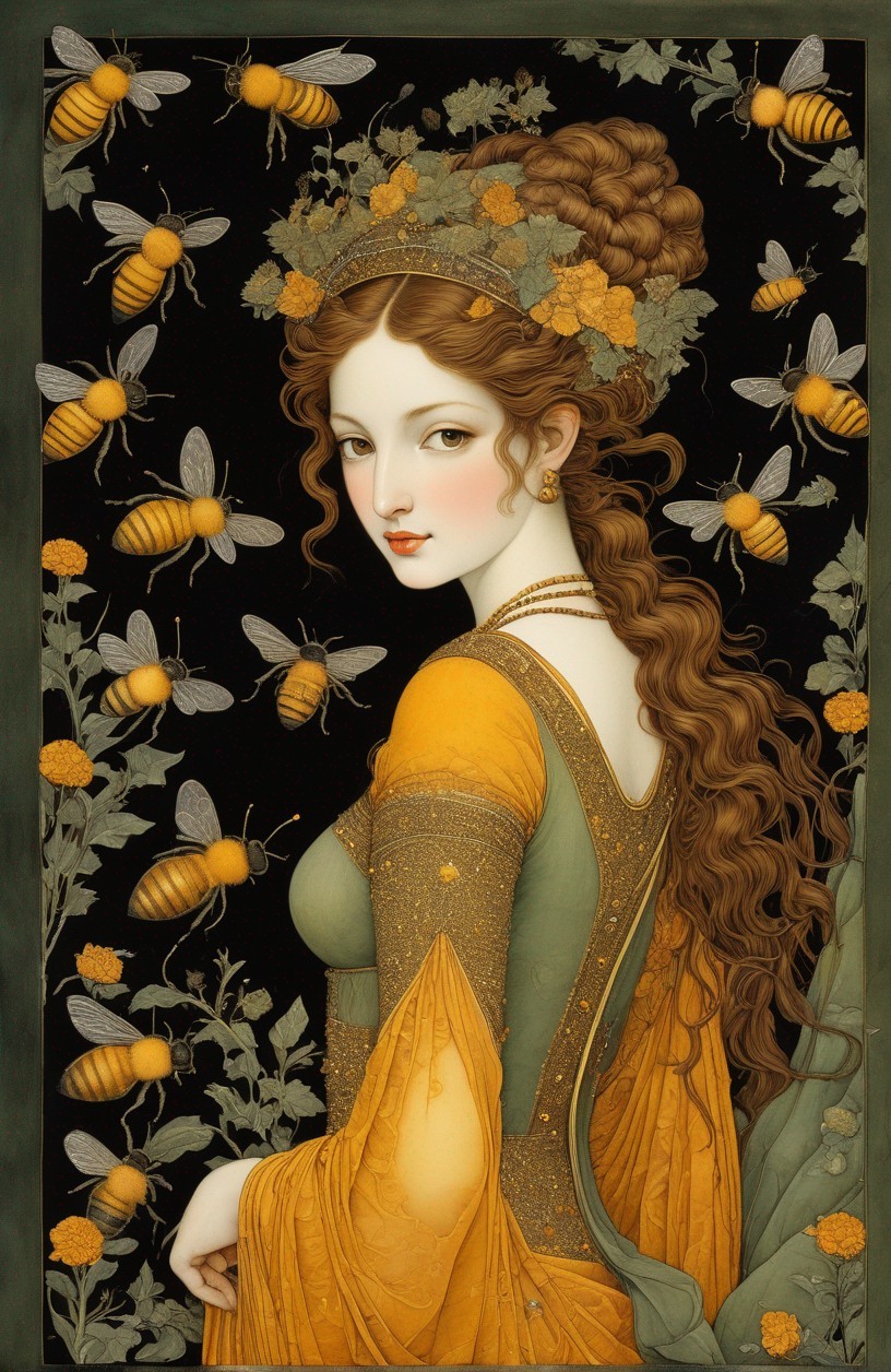 Woman with Wavy Hair Surrounded by Bees and Foliage