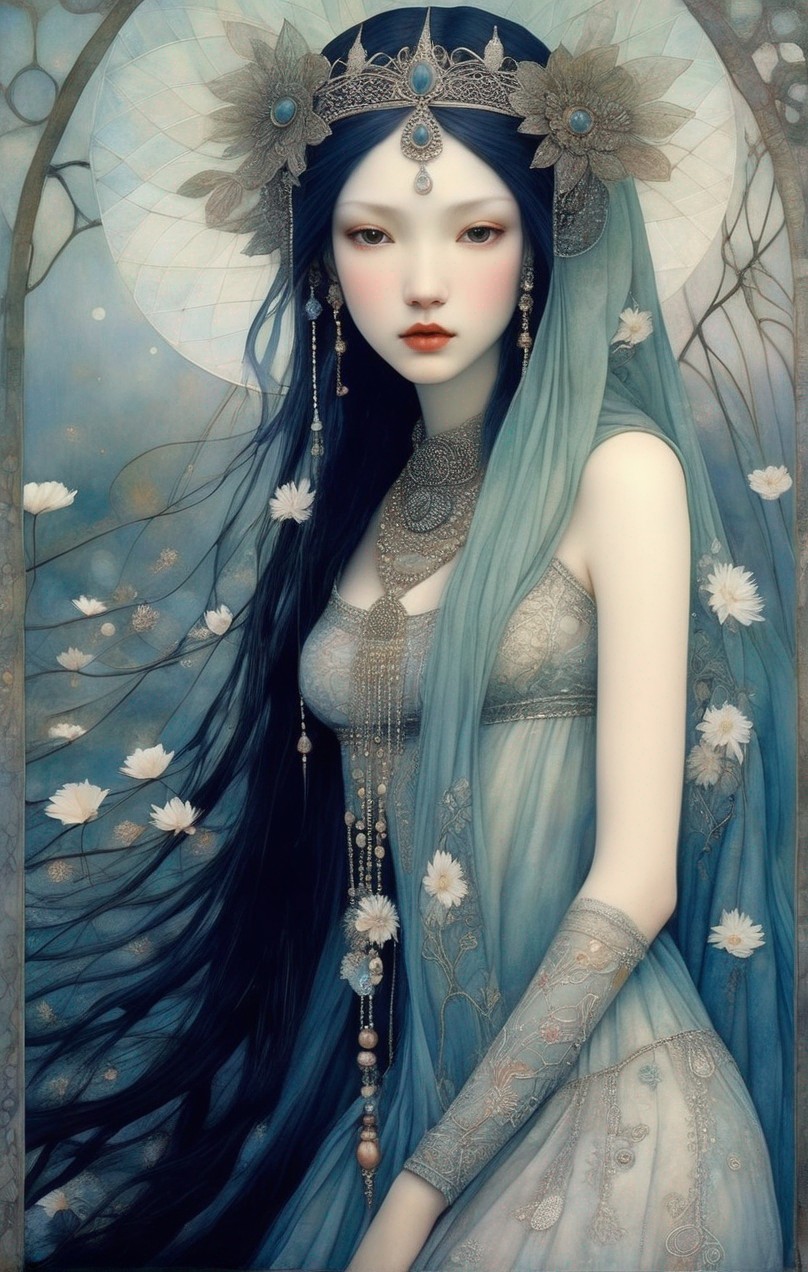Stylized illustration of woman with dark hair and ornate headdress on blue background