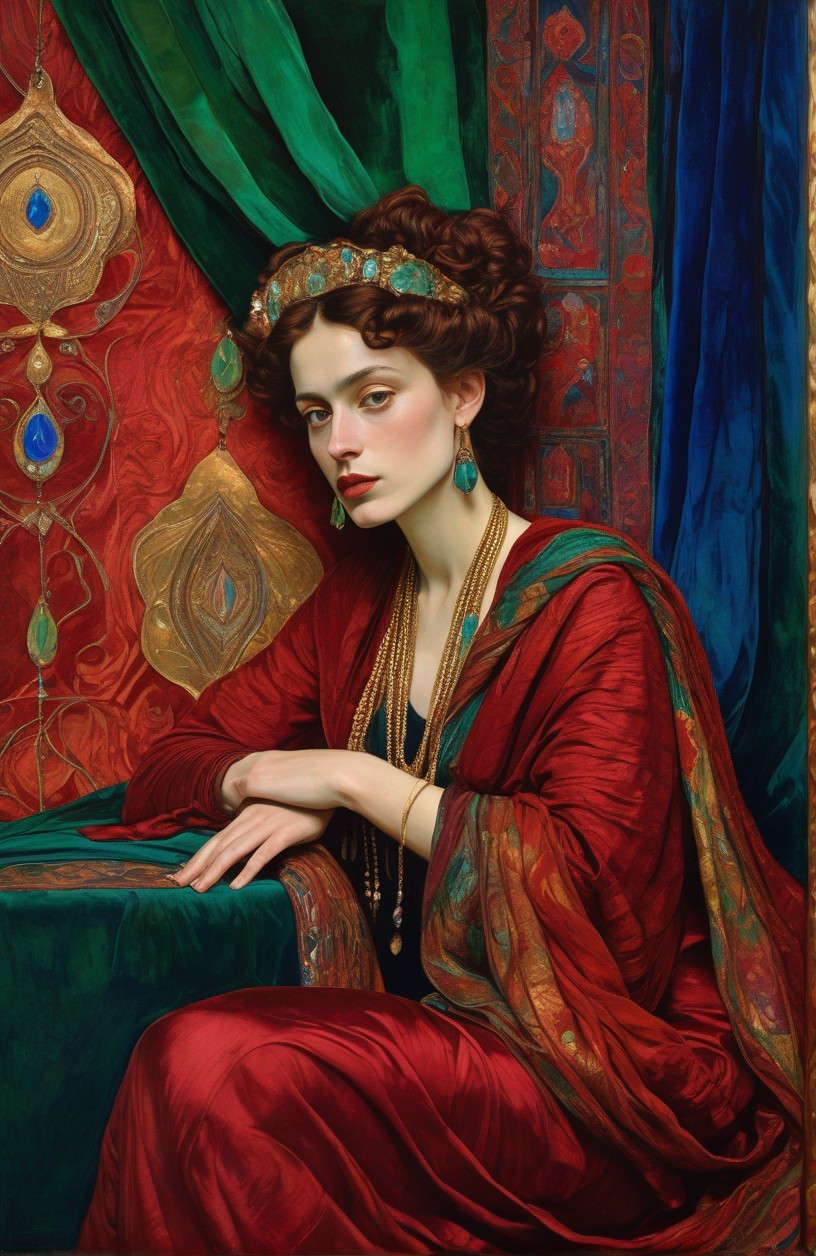 Regal woman in red dress with golden headpiece against peacock feather backdrop
