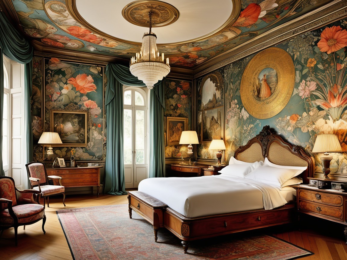 Luxurious Bedroom with Floral Wallpaper and Antique Decor