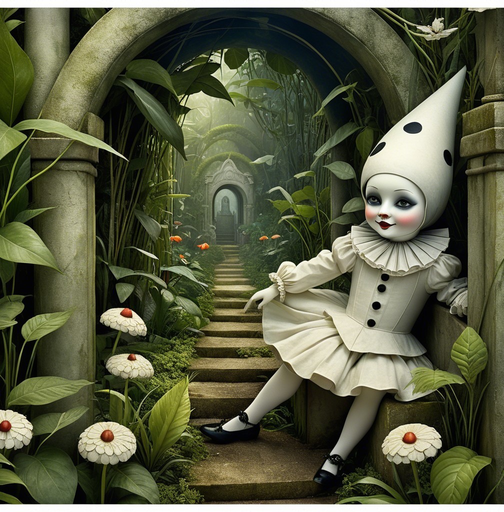 Porcelain Doll in a Whimsical Garden Setting