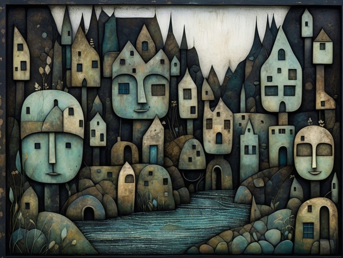 Surreal Landscape with Abstract Houses and Faces
