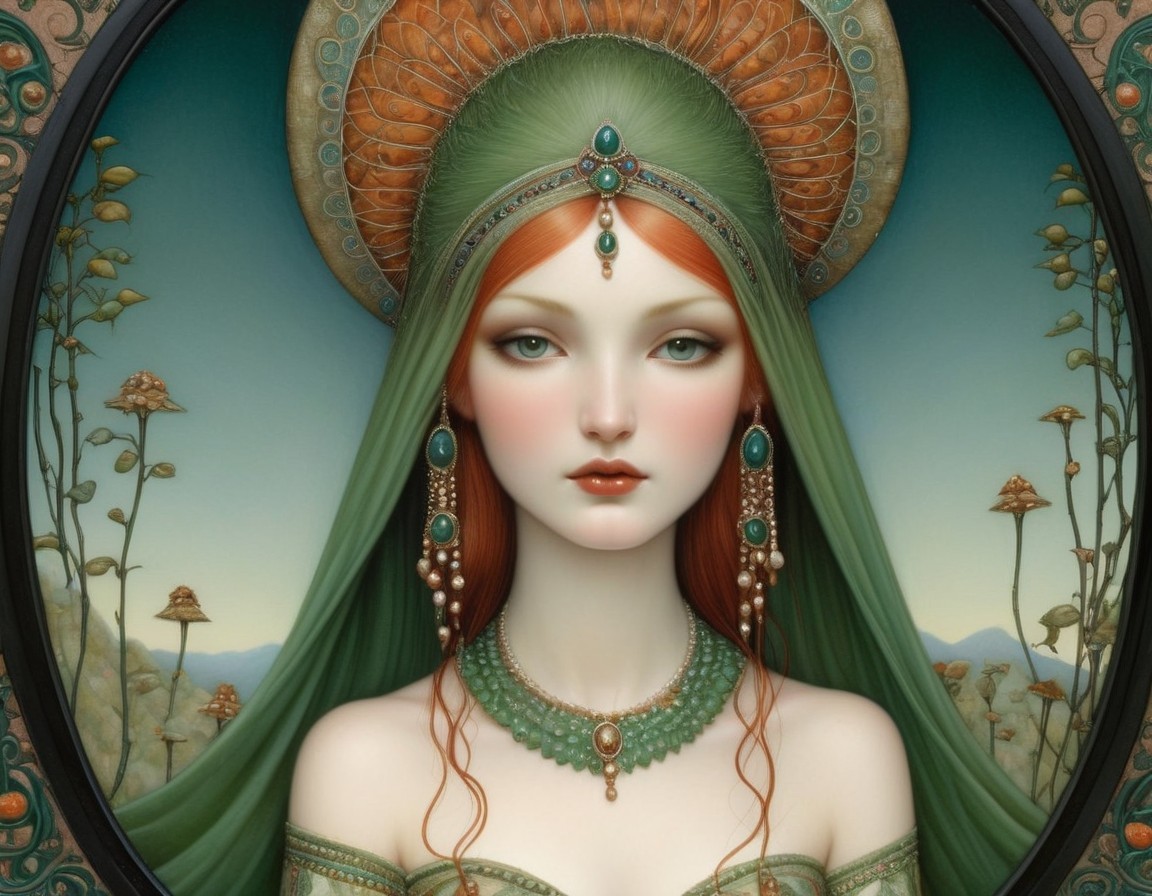 Red-haired woman in green and gold headdress illustration