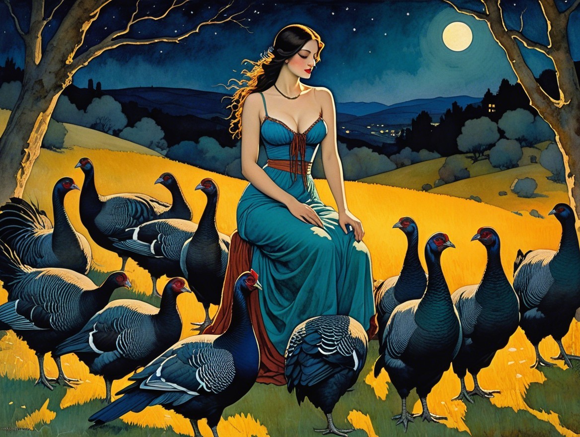 Serene Nighttime Scene with Woman and Turkeys