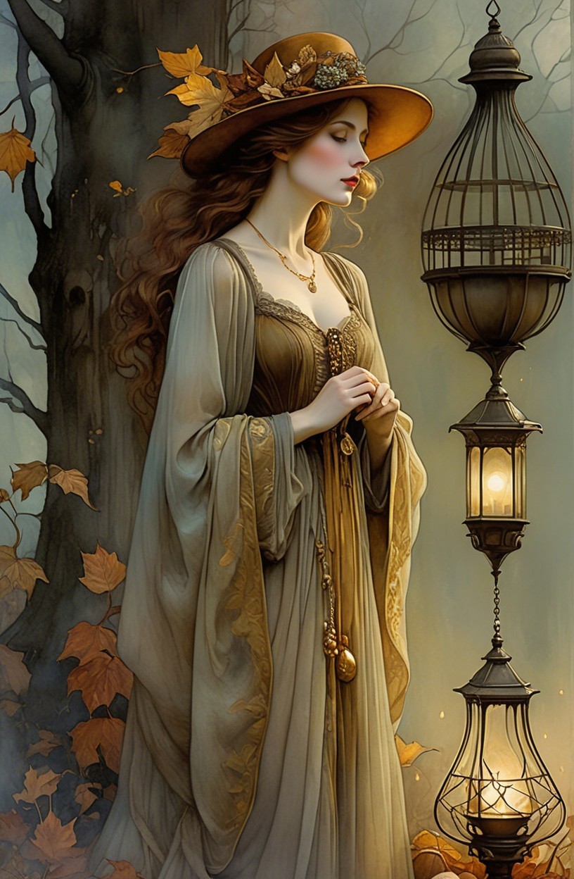 Serene Woman in Elegant Gown Surrounded by Autumn Forest