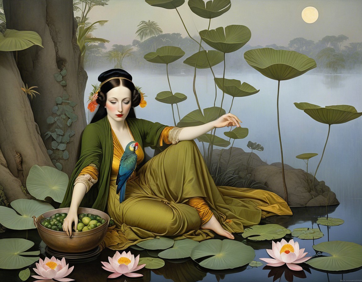 Serene woman in lush landscape by tranquil water