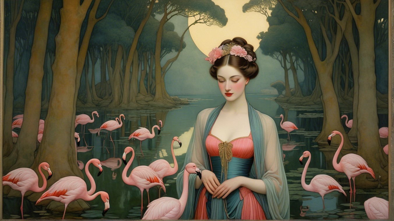 Serene Woman in Tranquil Landscape with Flamingos